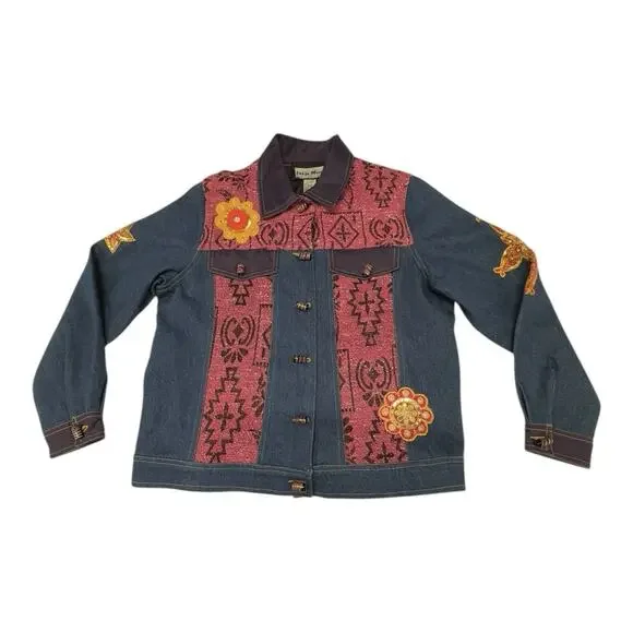 Indigo Moon Denim Chambray Medium Coat Pink Aztec Accent Purple Trim Embellish - Picture 1 of 13